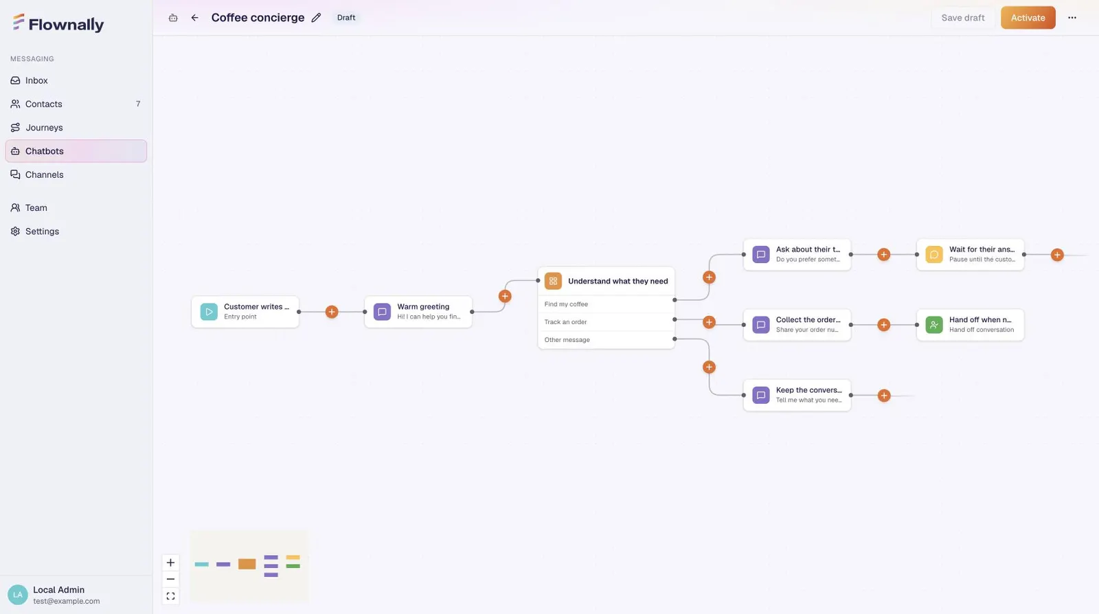 Chatbot builder showing connected conversation blocks and branching paths