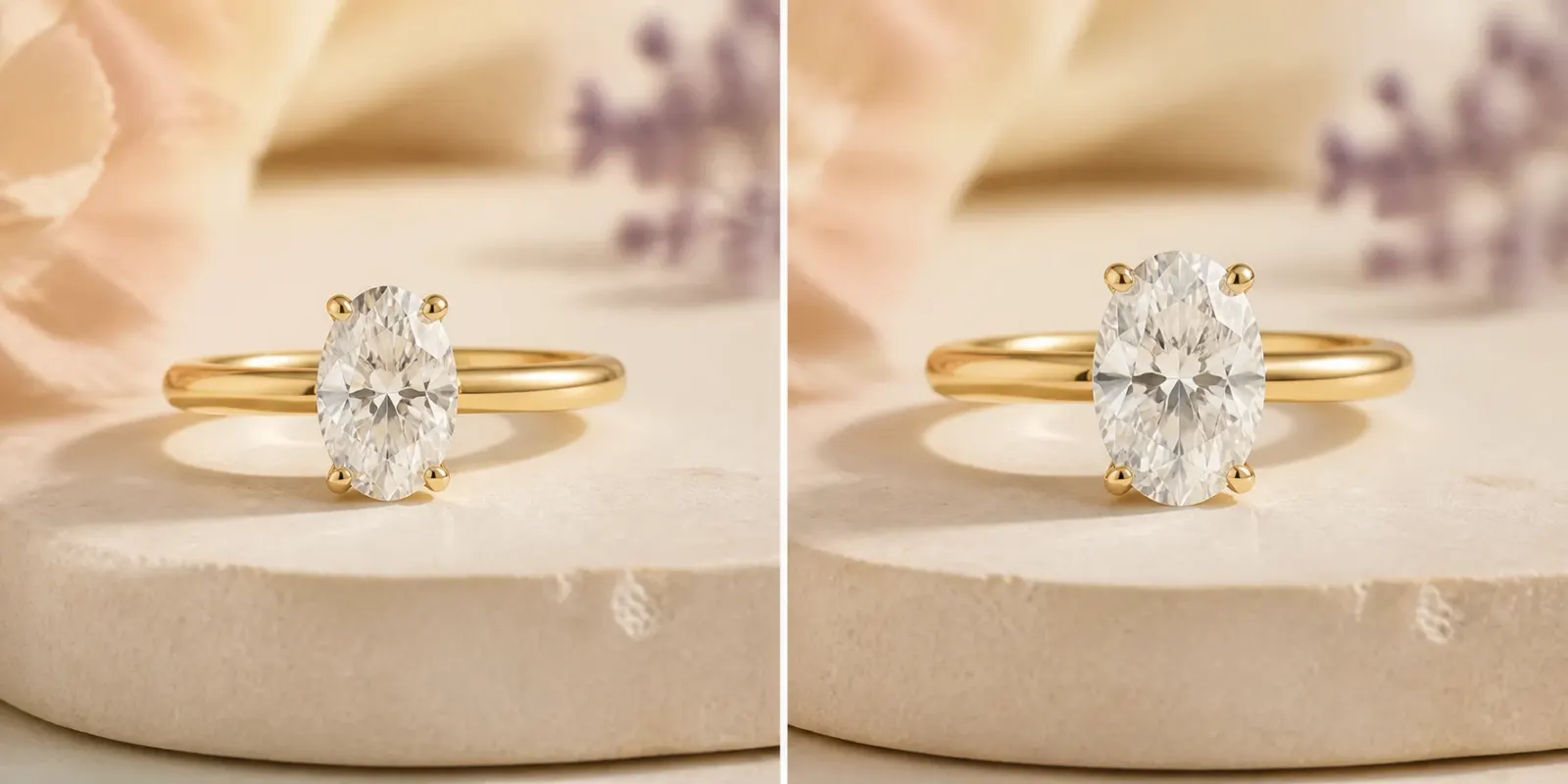 One carat and one-and-a-quarter carat oval solitaire rings shown side by side