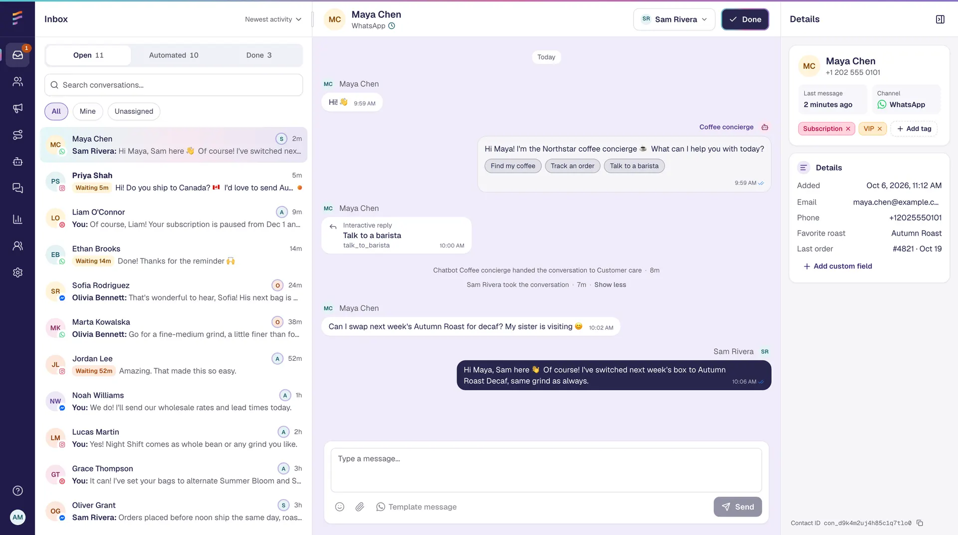 Unified inbox showing messages from multiple platforms