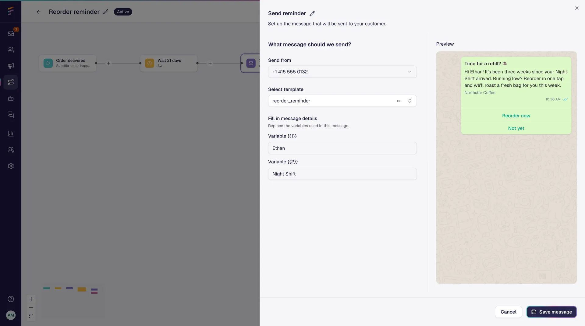 Personalized message flow with warm, brand-consistent tone